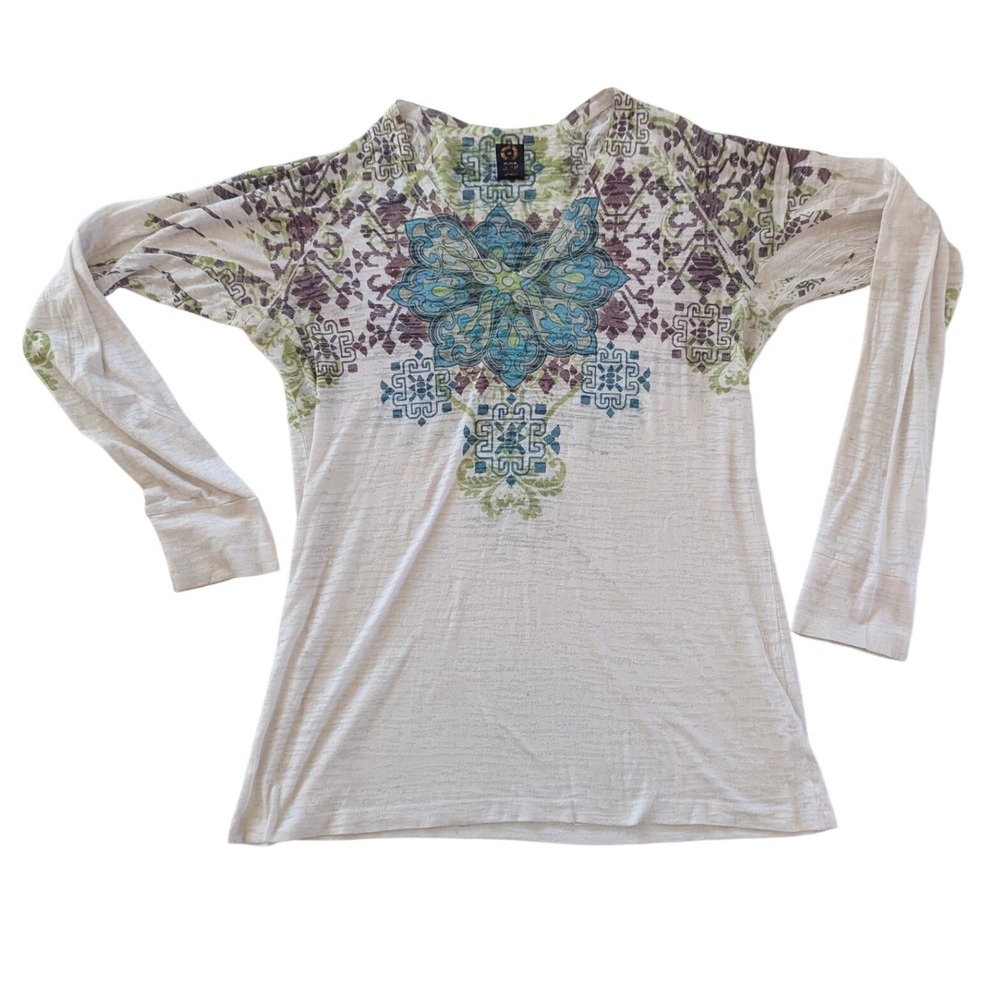 Ojai Long Sleeve Top Womens‎ Medium Cream Boho Mandala Print V-Neck Slub Knit